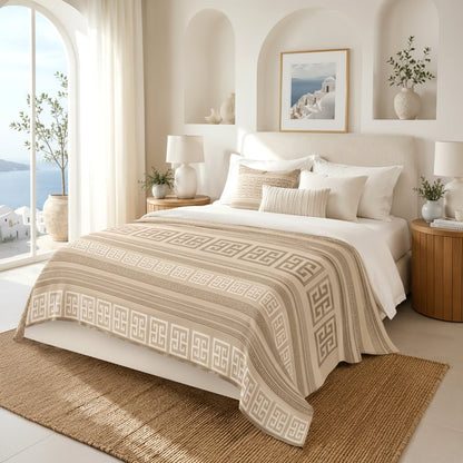 Lexicon Greek Key Throw – Luxury Sherpa Fleece Blanket | Grey, Natural, Charcoal & Black