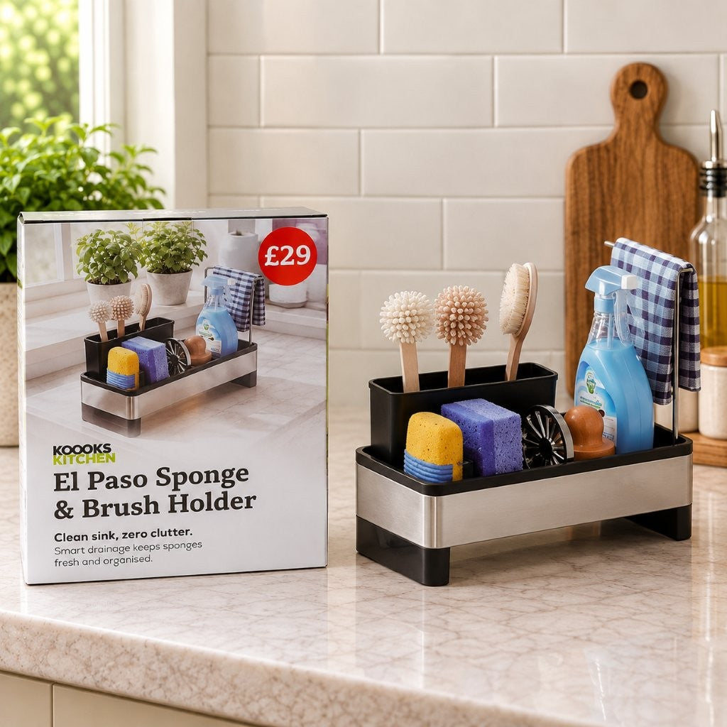 Nimora Home El Paso Sponge & Brush Holder – Stainless Steel Kitchen Sink Caddy with Drainage Tray & Cloth Hanger