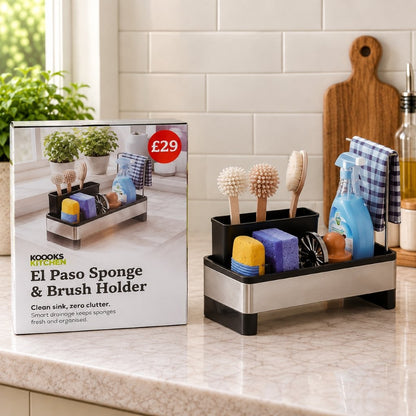 Nimora Home El Paso Sponge & Brush Holder – Stainless Steel Kitchen Sink Caddy with Drainage Tray & Cloth Hanger