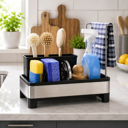 A black and stainless steel kitchen dish rack organizer on a light marble countertop, holding cleaning sponges, wooden utensils, a blue spray bottle, and a blue-and-white checkered towel. A kitchen sink, cutting boards, and plants are visible in the background.