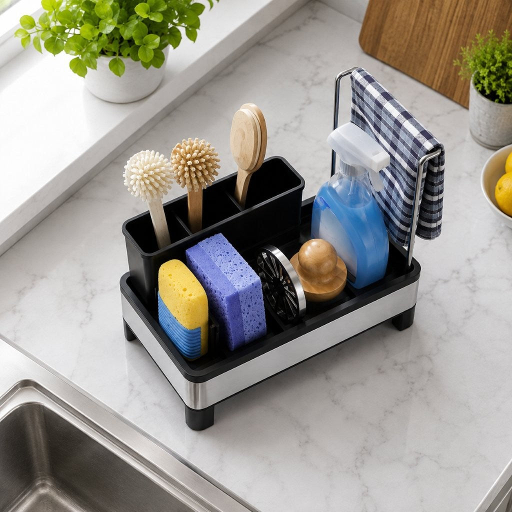 A black and silver kitchen sponge holder organizer with a blue-and-white checkered cloth, shown on a white marble countertop next to a sink. The organizer contains cleaning sponges, scrubbers, wooden utensils, a spray bottle, and a folded cloth.