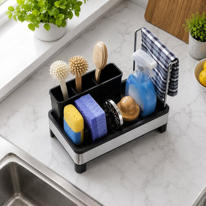 A black and silver kitchen sponge holder organizer with a blue-and-white checkered cloth, shown on a white marble countertop next to a sink. The organizer contains cleaning sponges, scrubbers, wooden utensils, a spray bottle, and a folded cloth.