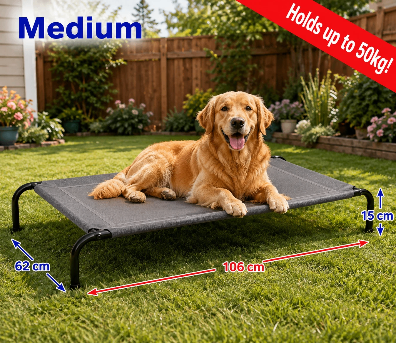 Medium elevated dog bed 106 x 62 x 15 cm – holds up to 50kg – Nimora Home