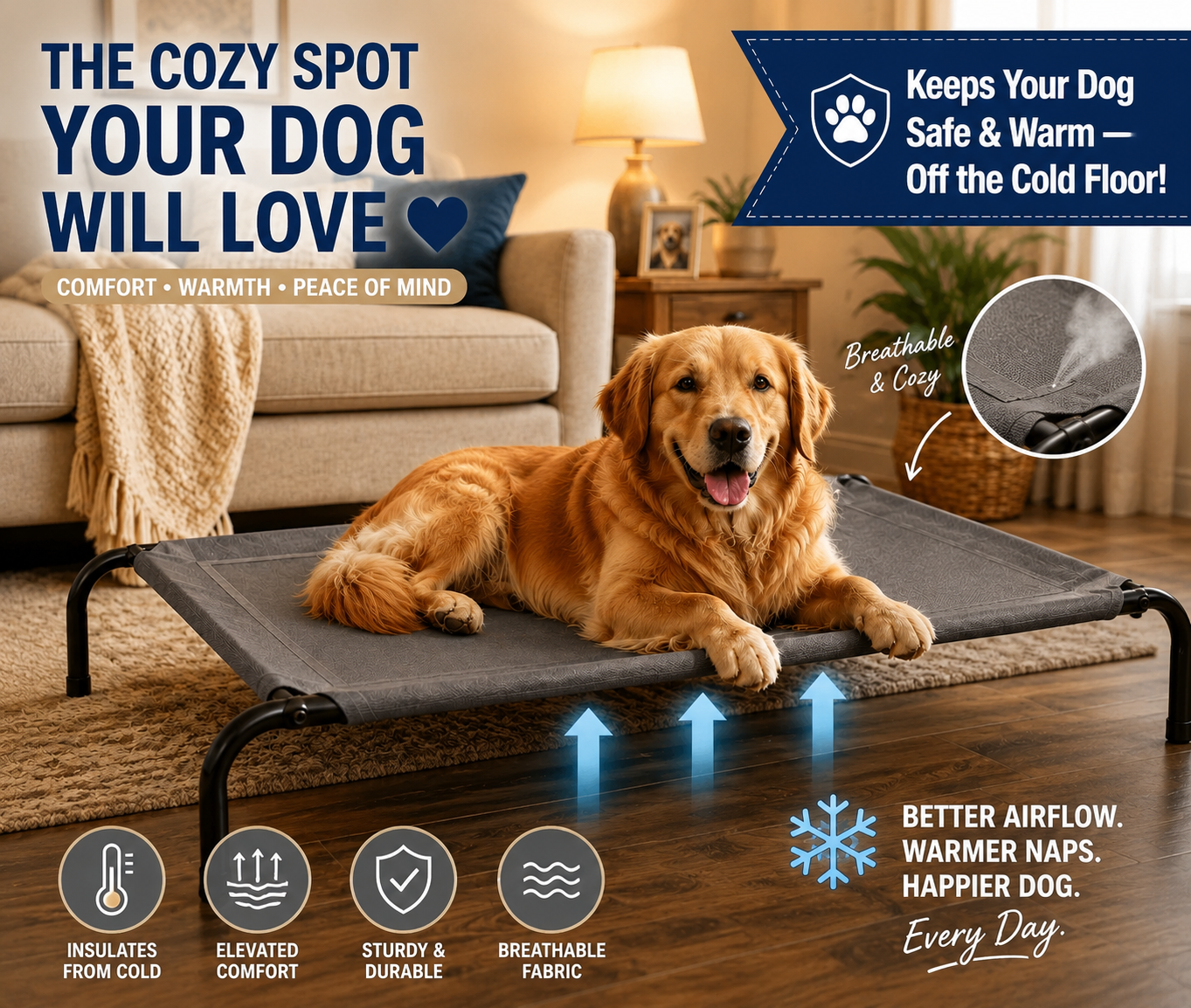 Elevated mesh dog bed – cooling airflow, holds up to 50kg, indoor and outdoor use – Nimora Home