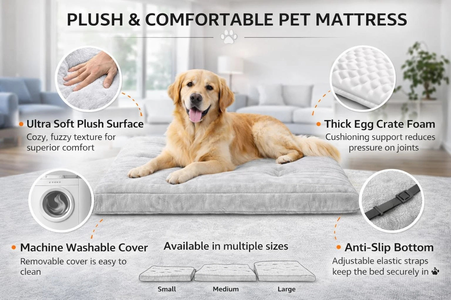 Orthopaedic Dog Bed – Plush Mattress with Washable Cover for Large Dogs & Cats