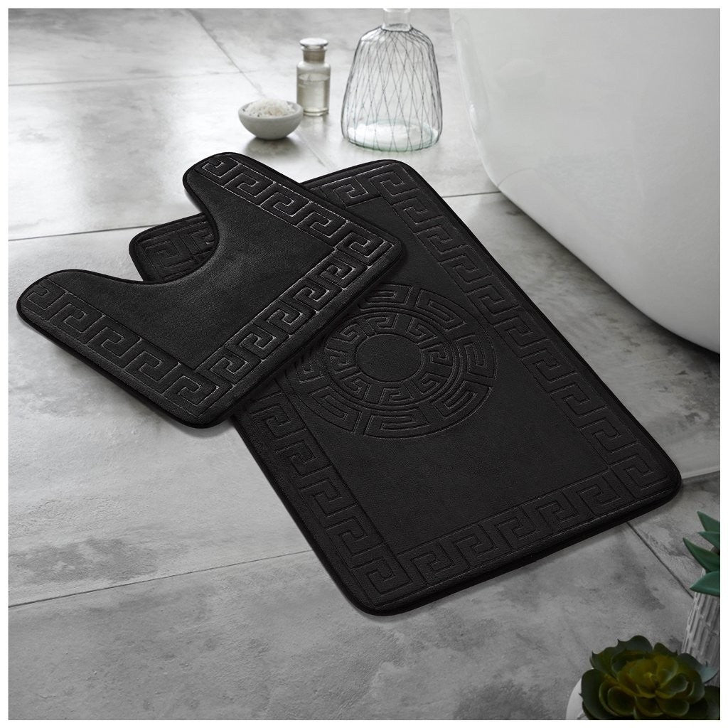 GREEK BATH MAT SET 2 PIECE EMBOSSED MEMORY FOAM NON SLIP PEDESTAL TOILET RUGS
