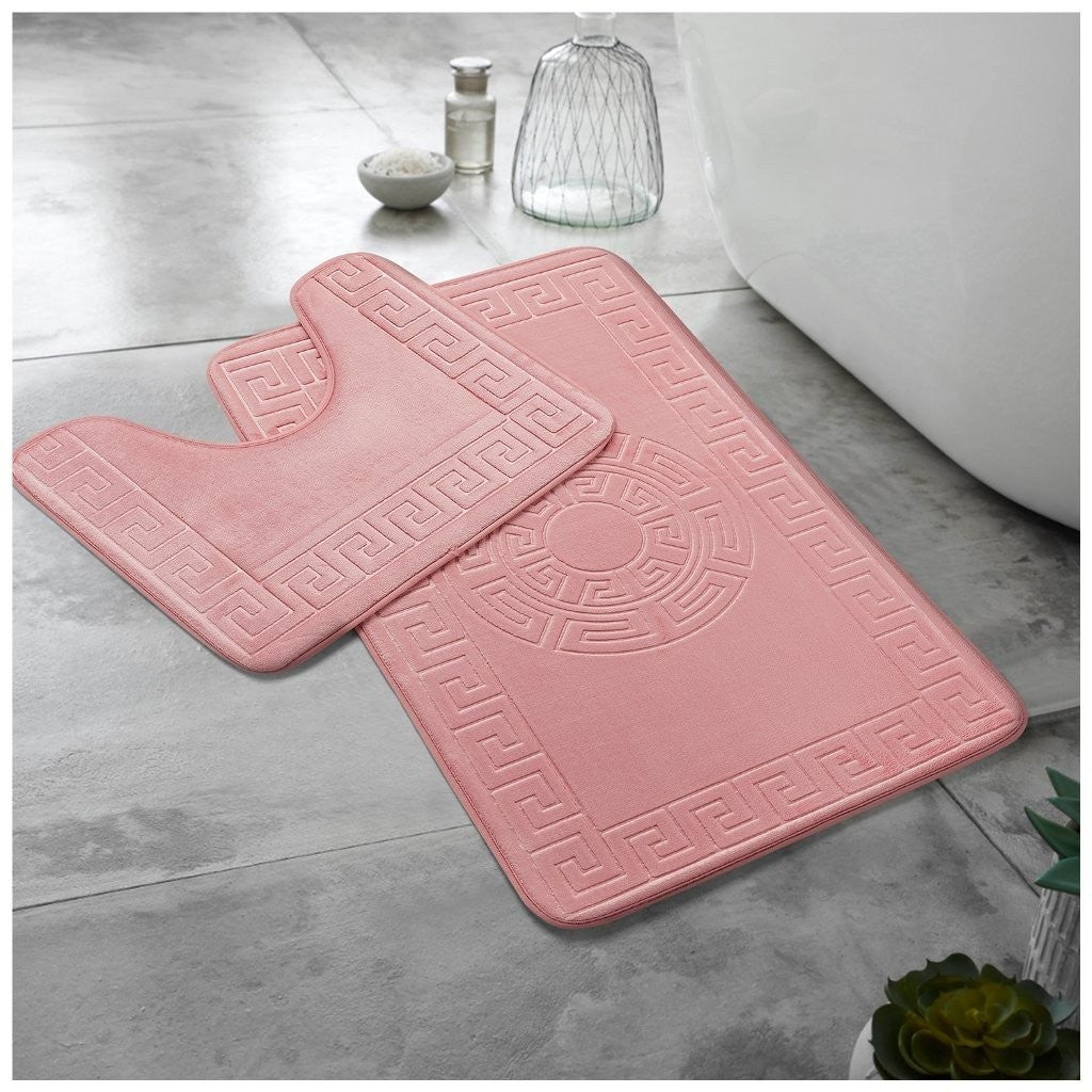 GREEK BATH MAT SET 2 PIECE EMBOSSED MEMORY FOAM NON SLIP PEDESTAL TOILET RUGS