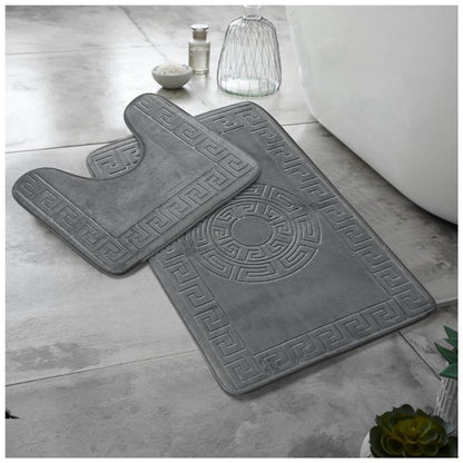 GREEK BATH MAT SET 2 PIECE EMBOSSED MEMORY FOAM NON SLIP PEDESTAL TOILET RUGS