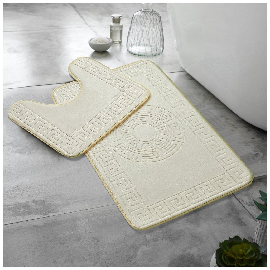 GREEK BATH MAT SET 2 PIECE EMBOSSED MEMORY FOAM NON SLIP PEDESTAL TOILET RUGS