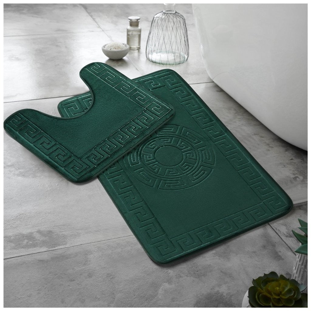 GREEK BATH MAT SET 2 PIECE EMBOSSED MEMORY FOAM NON SLIP PEDESTAL TOILET RUGS