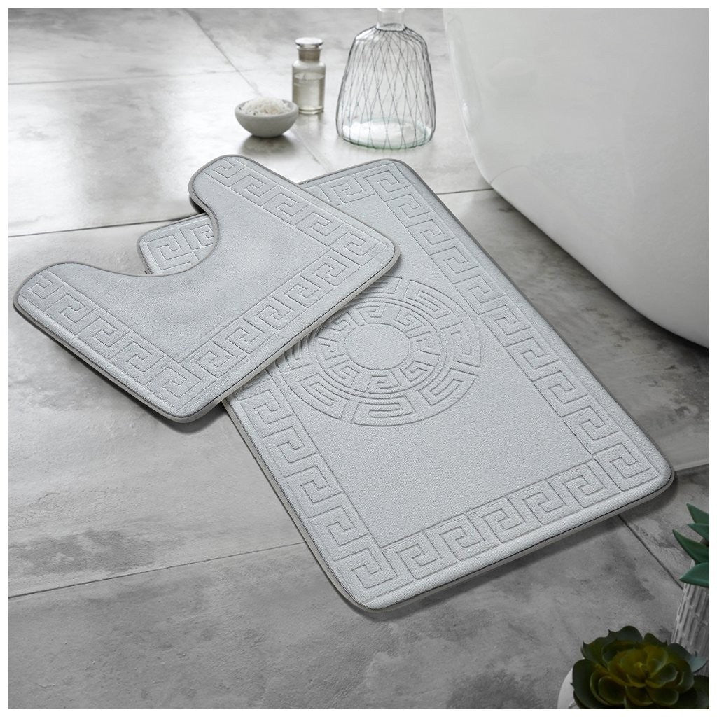 GREEK BATH MAT SET 2 PIECE EMBOSSED MEMORY FOAM NON SLIP PEDESTAL TOILET RUGS