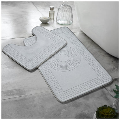 GREEK BATH MAT SET 2 PIECE EMBOSSED MEMORY FOAM NON SLIP PEDESTAL TOILET RUGS