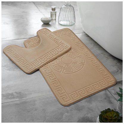 GREEK BATH MAT SET 2 PIECE EMBOSSED MEMORY FOAM NON SLIP PEDESTAL TOILET RUGS