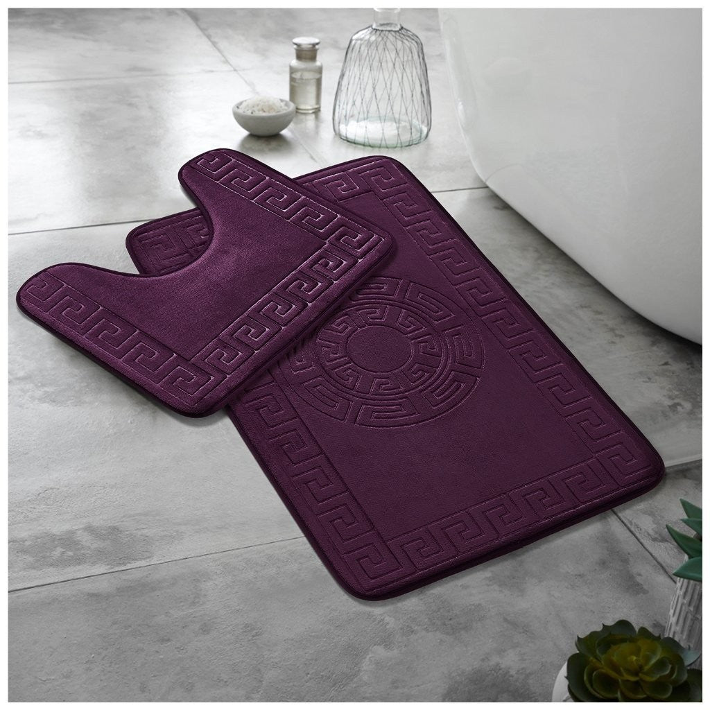 GREEK BATH MAT SET 2 PIECE EMBOSSED MEMORY FOAM NON SLIP PEDESTAL TOILET RUGS