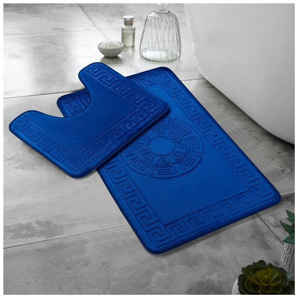 GREEK BATH MAT SET 2 PIECE EMBOSSED MEMORY FOAM NON SLIP PEDESTAL TOILET RUGS