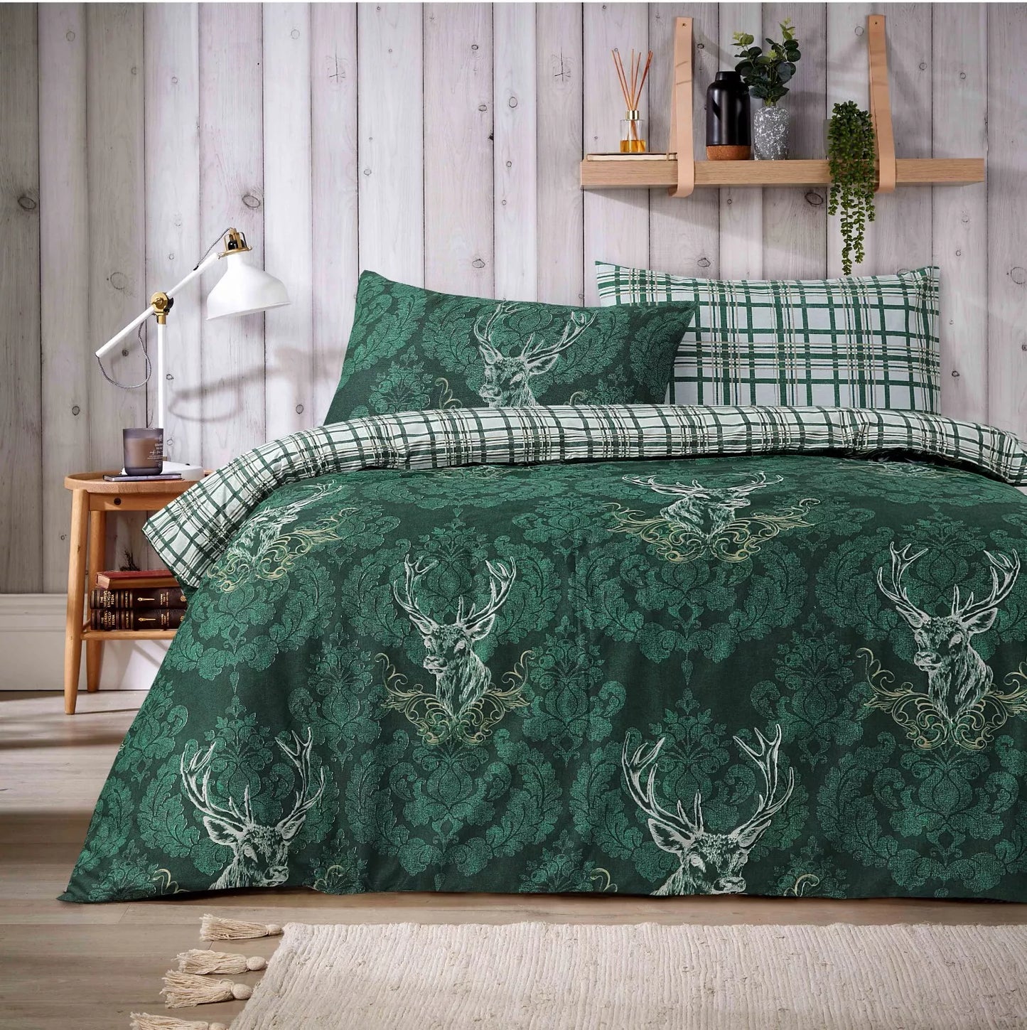 Highland Stag Reversible Check Duvet Quilt Cover Set Single Double King Beddings