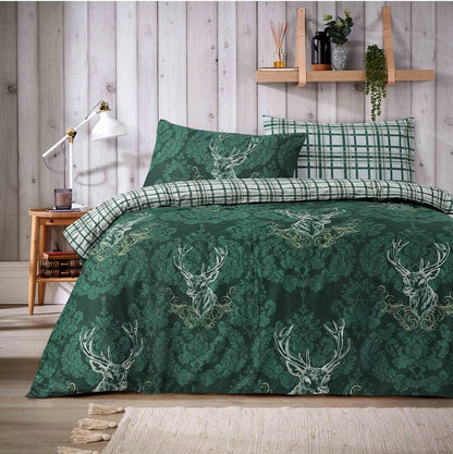Highland Stag Reversible Check Duvet Quilt Cover Set Single Double King Beddings