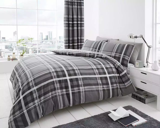 Newton Tartan Check Duvet Quilt Cover & Pillow Case Bedding Set Grey Navy Red