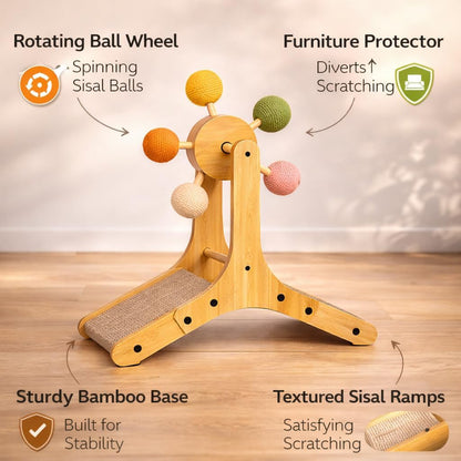 Sisal Cat Scratcher with Rotating Ball – Wooden Interactive Scratching Post for Indoor Cats