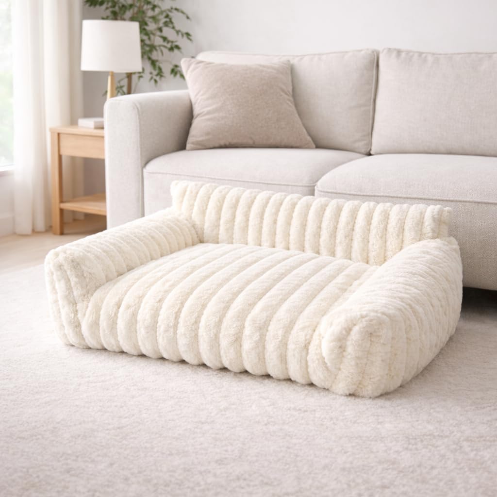 Luxury Orthopaedic Dog Sofa Bed – Plush Cream Couch Bed for Small & Medium Dogs (86cm)