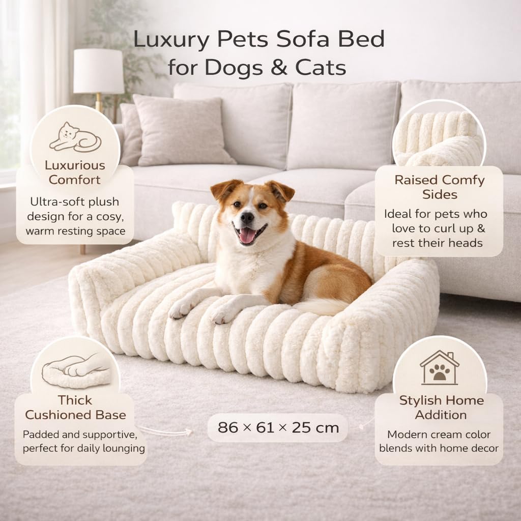 Luxury Orthopaedic Dog Sofa Bed – Plush Cream Couch Bed for Small & Medium Dogs (86cm)