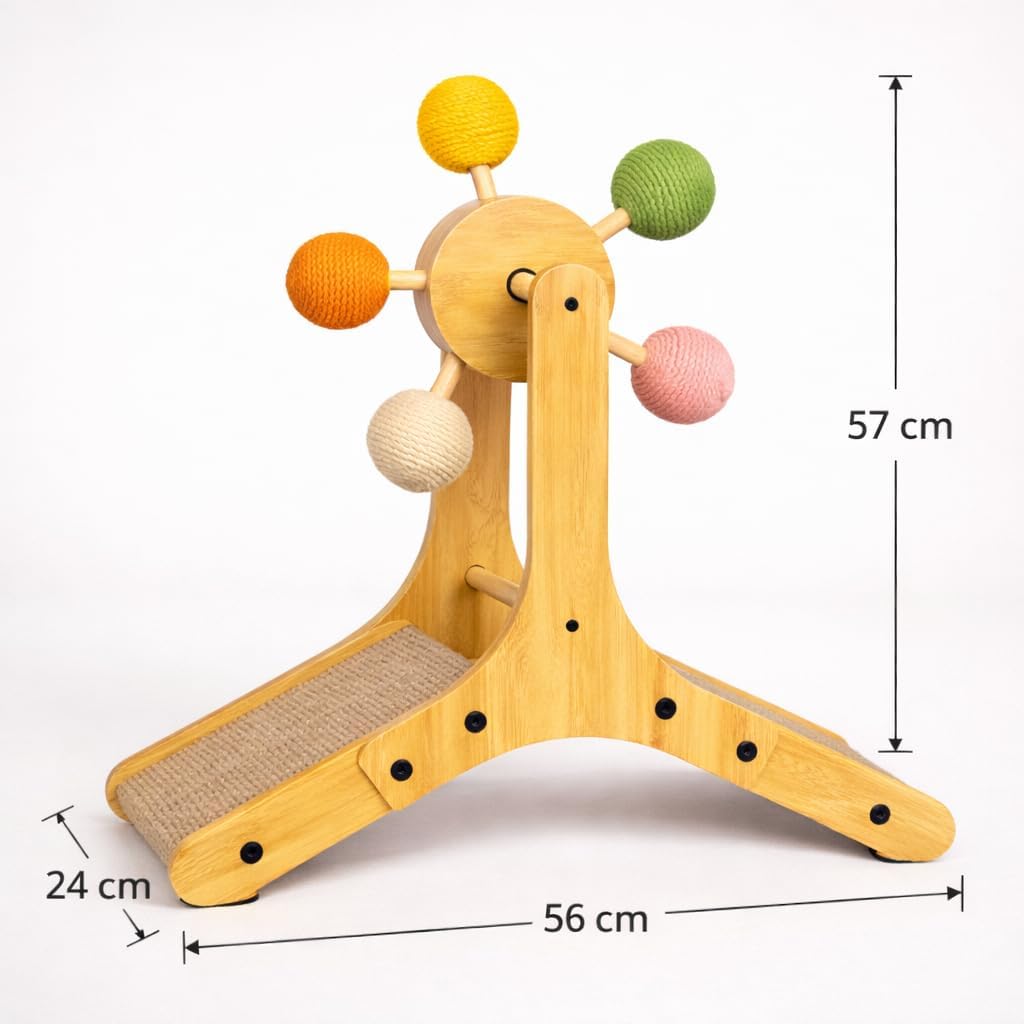 Sisal Cat Scratcher with Rotating Ball – Wooden Interactive Scratching Post for Indoor Cats