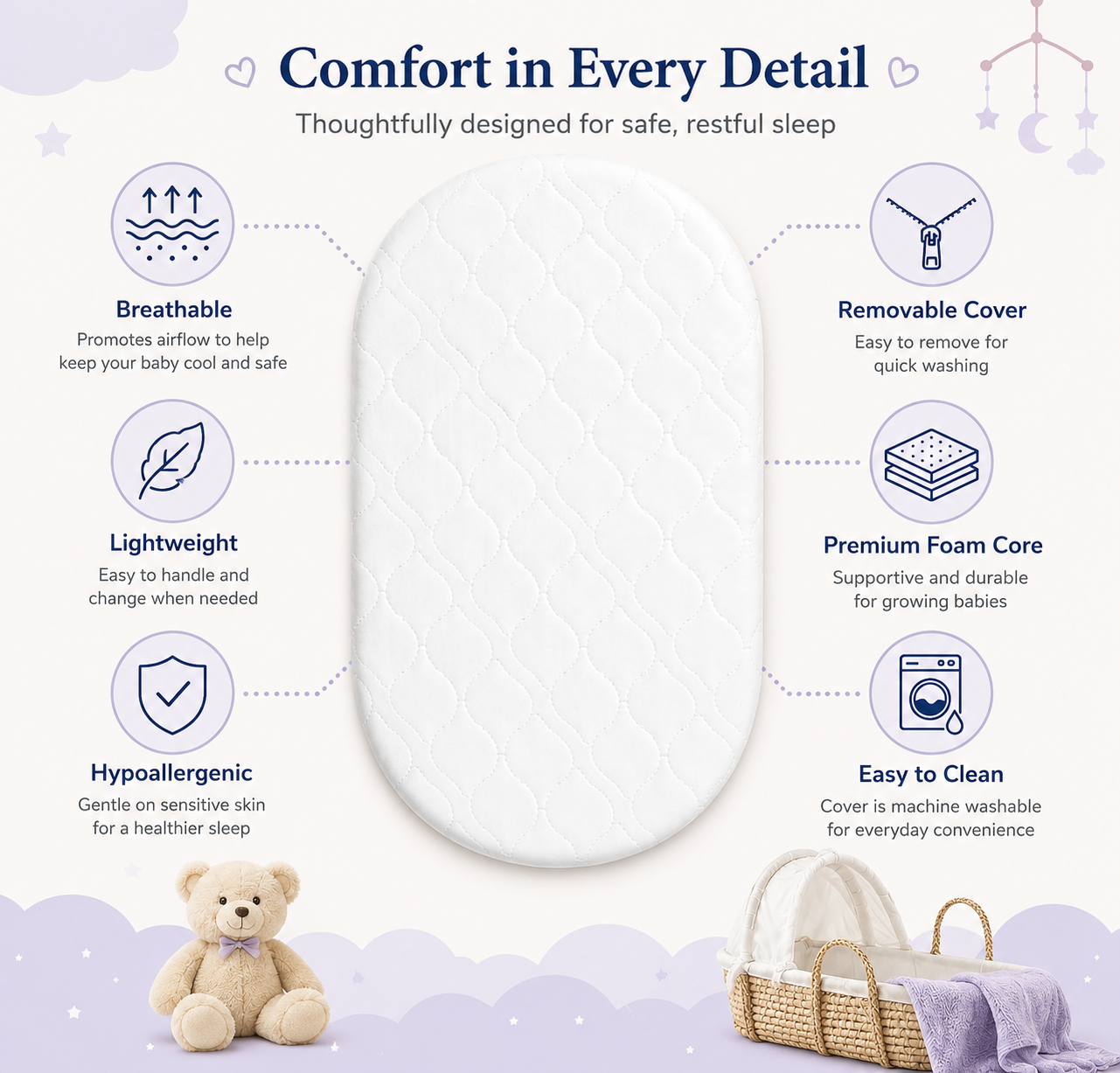 Moses Basket Pram Mattress Extra Thick – Breathable Soft Made in UK All Sizes