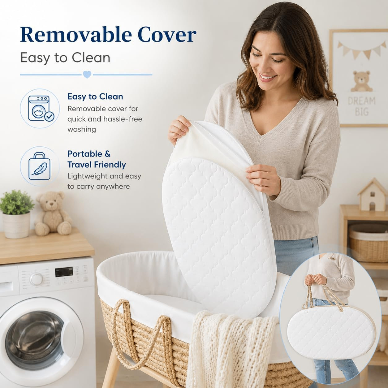 Moses Basket Pram Mattress Extra Thick – Breathable Soft Made in UK All Sizes