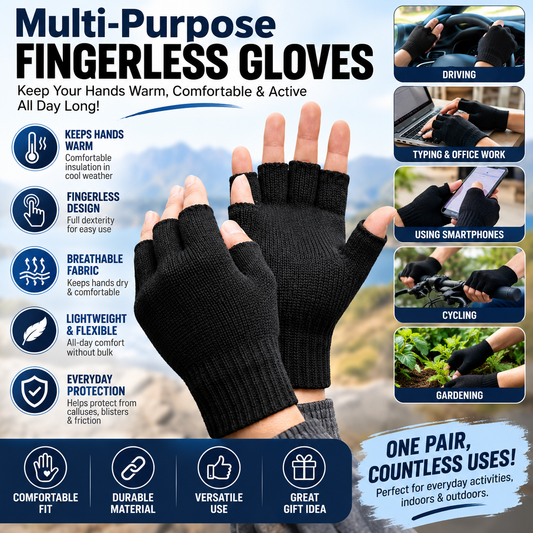 Thermal fingerless gloves infographic showing multi-purpose uses for work, cycling and commuting