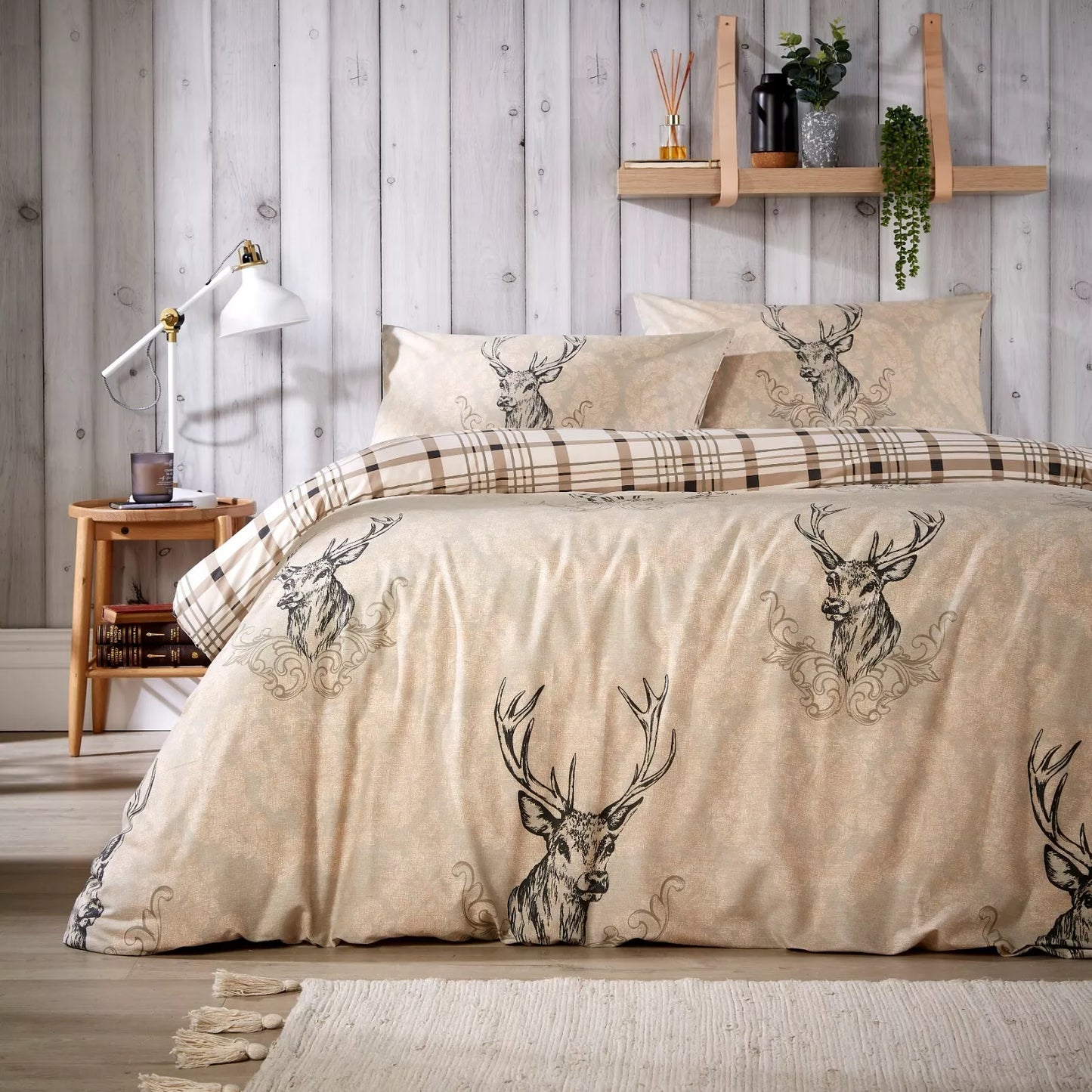 Highland Stag Reversible Check Duvet Quilt Cover Set Single Double King Beddings