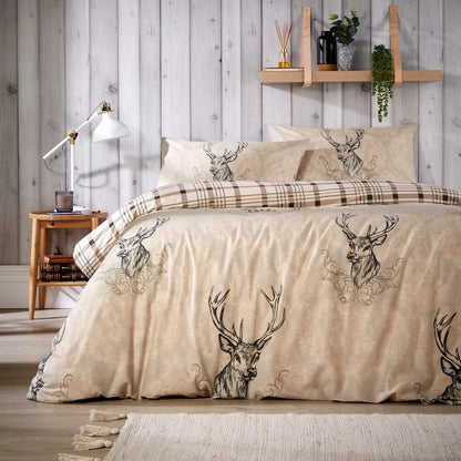 Highland Stag Reversible Check Duvet Quilt Cover Set Single Double King Beddings