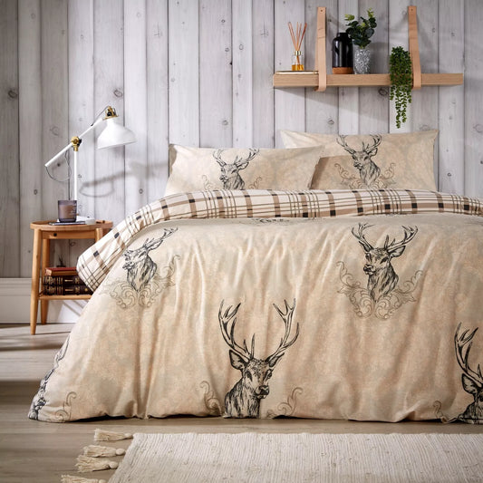 Highland Stag Reversible Check Duvet Quilt Cover Set Single Double King Beddings