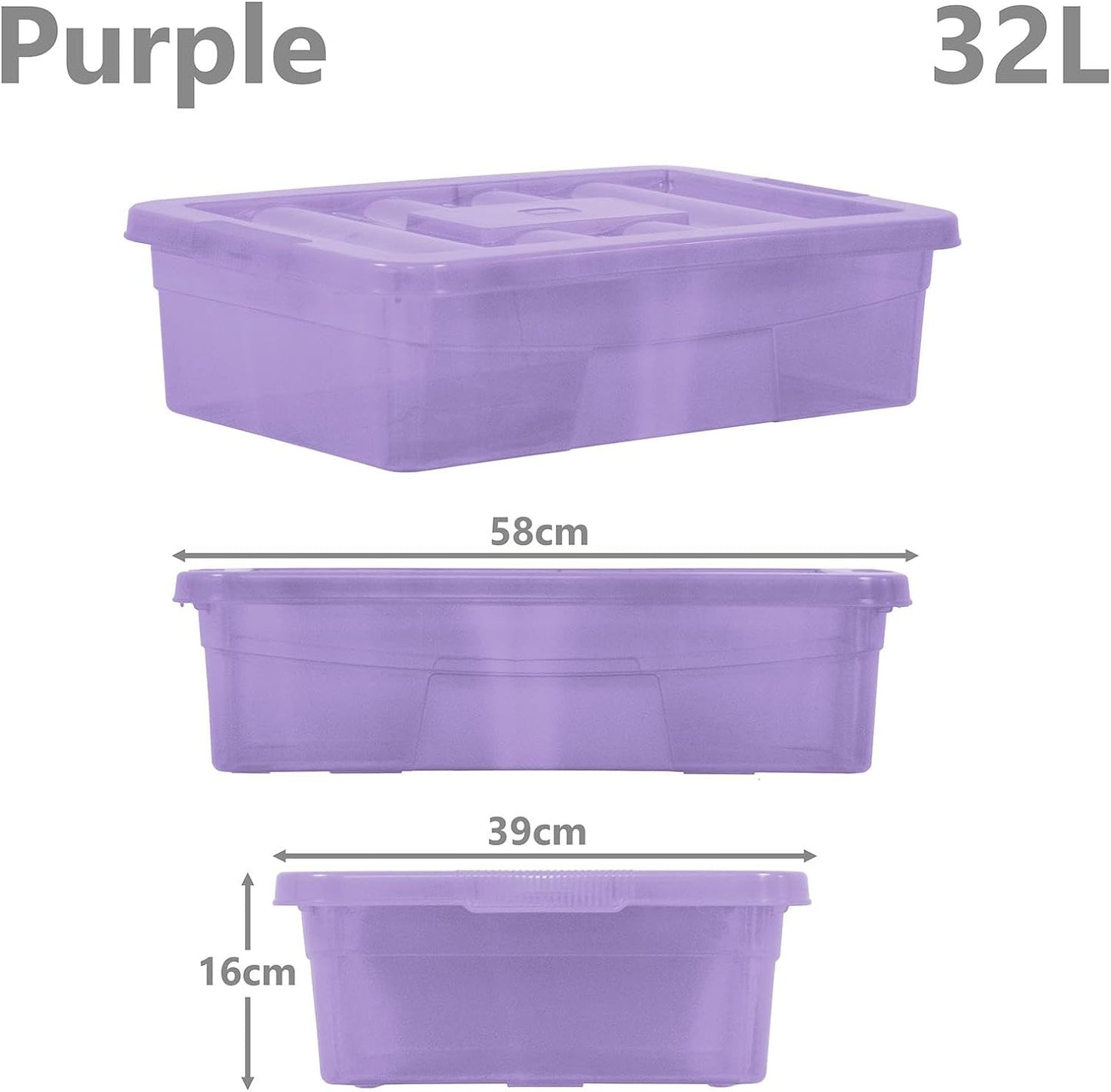 30 Litre Underbed Plastic Storage Boxes with lids, heavy duty, stackable boxes, Drawer Organiser Container Case