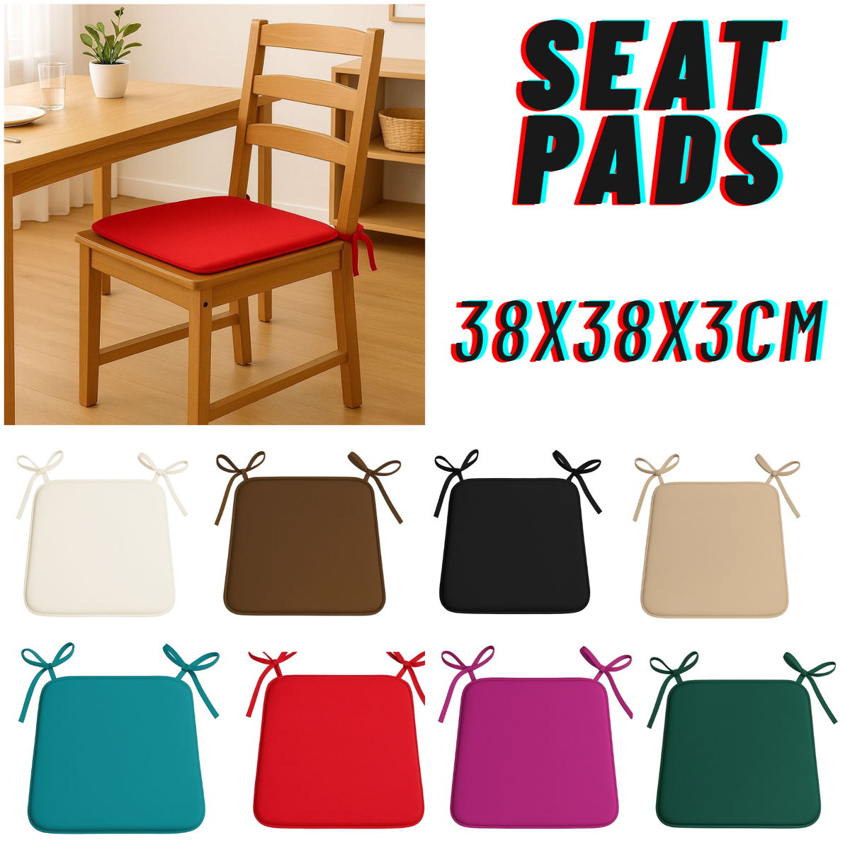 3cm Thick Tie-On Chair Cushions – Indoor Outdoor Seat Pads Square 38x38cm