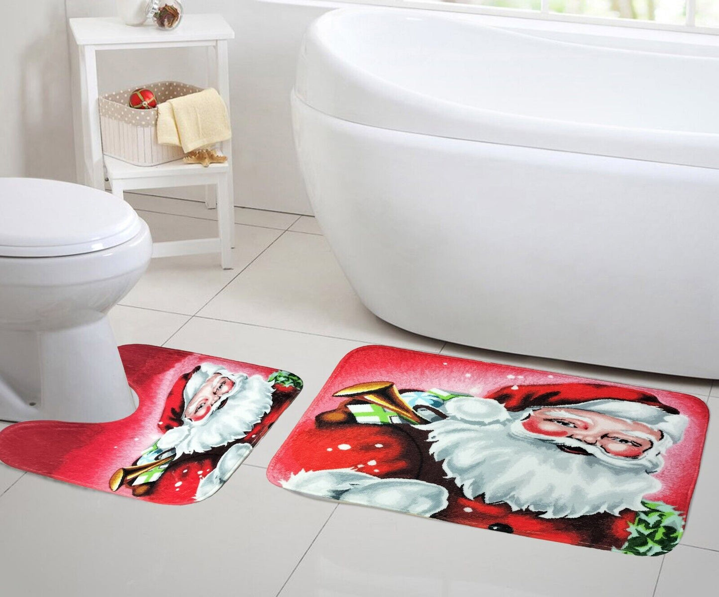 New Christmas Festive Pattern Memory Foam 2 Pieces Bath Mat and Pedestal Mat Set Anti Slip Extra Absorbent Super Soft Regular Size