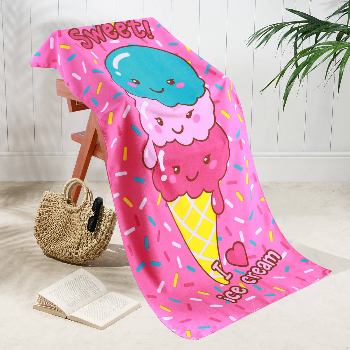 Summer Cool Design Microfibre Beach Towel 70x150cm ice cream cone print pink background quick-dry sand-free kids