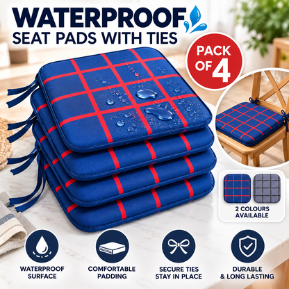 4x Waterproof Check Seat Pads Soft Square 38x38 Tie on Chair Dinning Garden