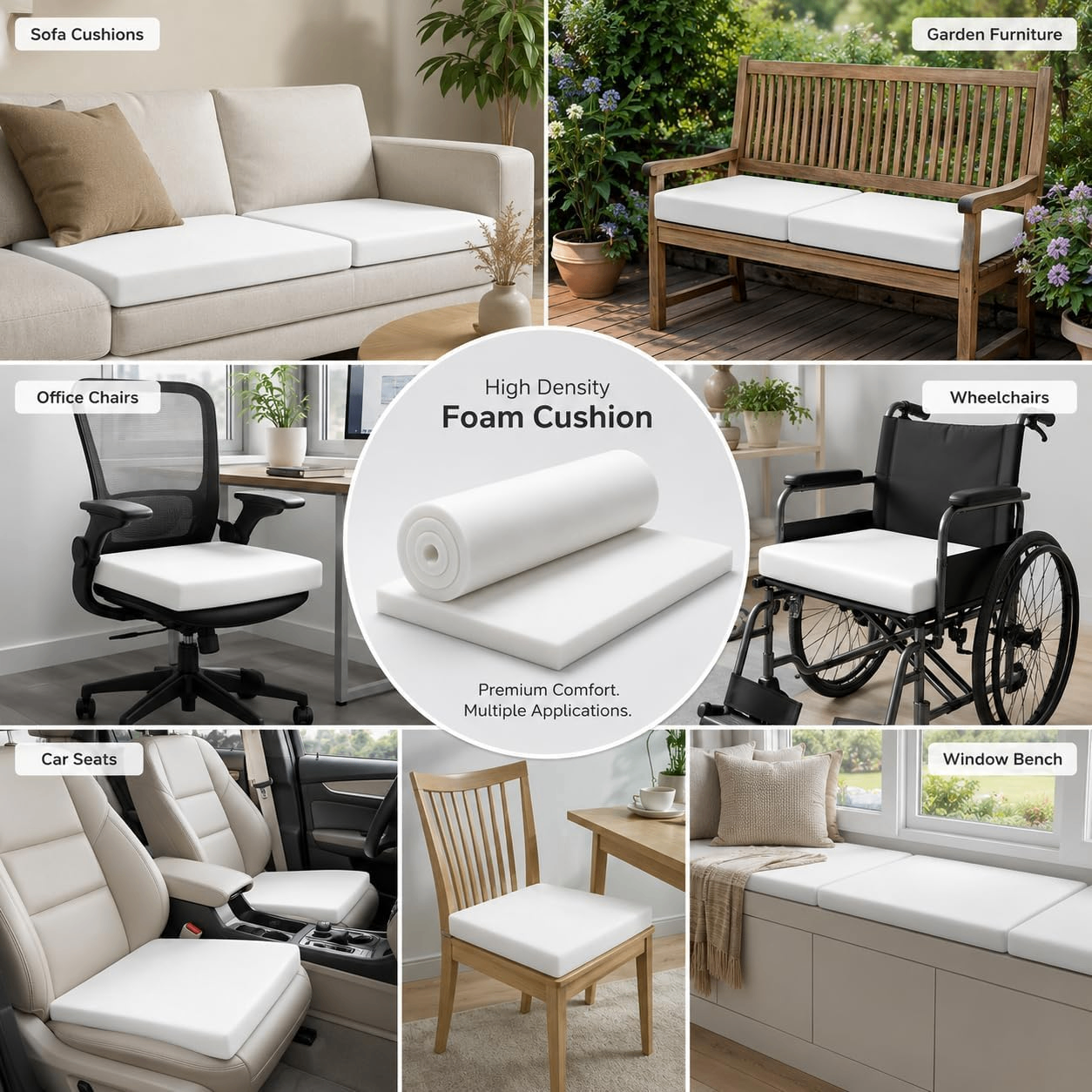 Dining Chair Seat Pad Upholstery Foam Replacement Wheelchair Cushion Support - White