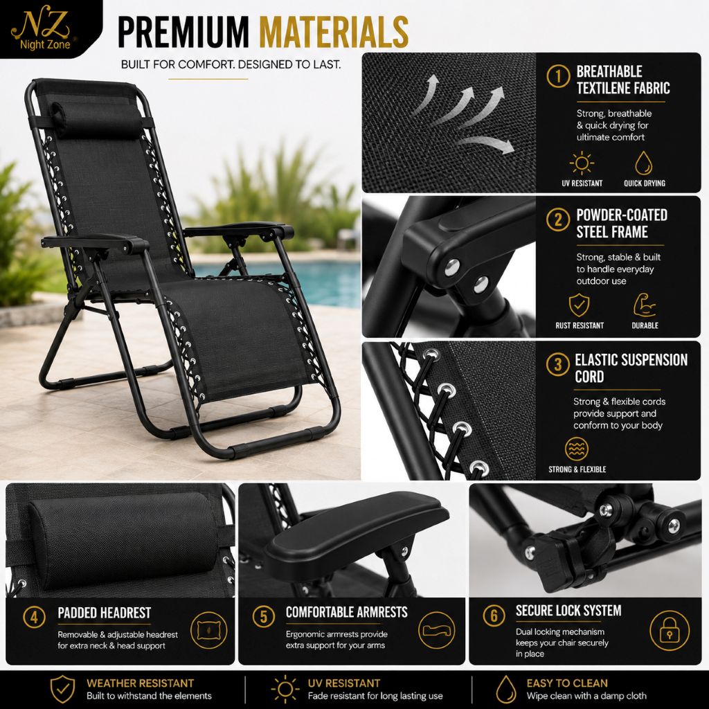 Zero Gravity Sun Lounger Chair – Folding Reclining Garden Chair | Black