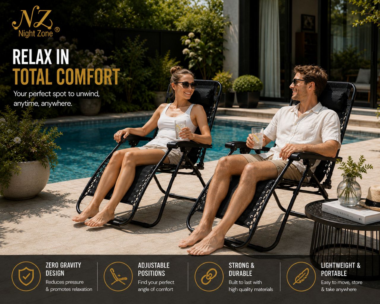 Zero Gravity Sun Lounger Chair – Folding Reclining Garden Chair | Black