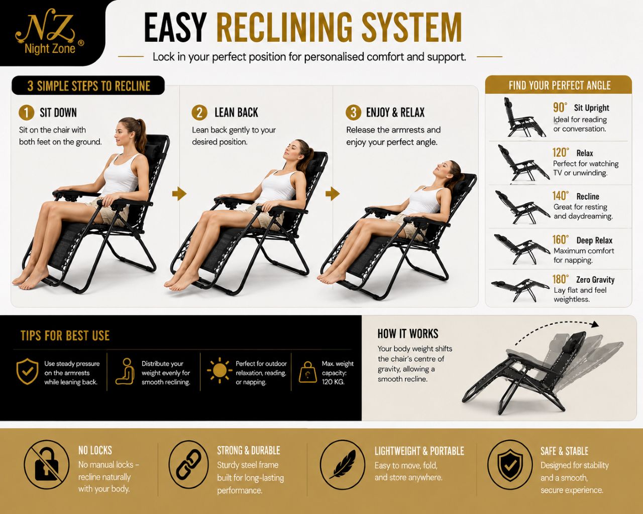 Zero Gravity Sun Lounger Chair – Folding Reclining Garden Chair | Black