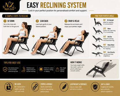 Zero Gravity Sun Lounger Chair – Folding Reclining Garden Chair | Black