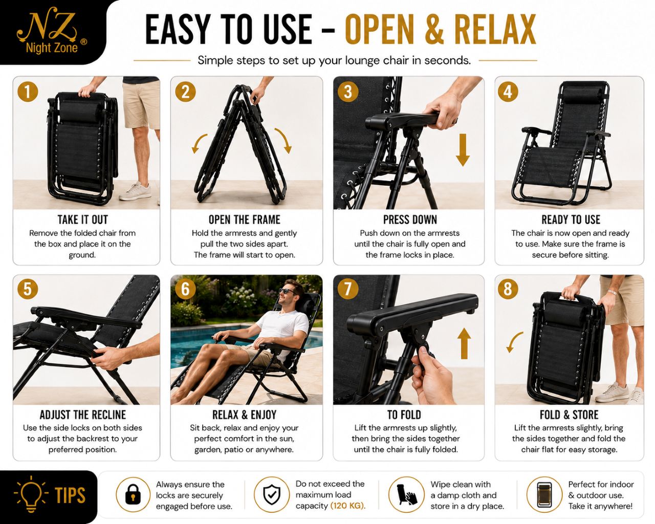 Zero Gravity Sun Lounger Chair – Folding Reclining Garden Chair | Black