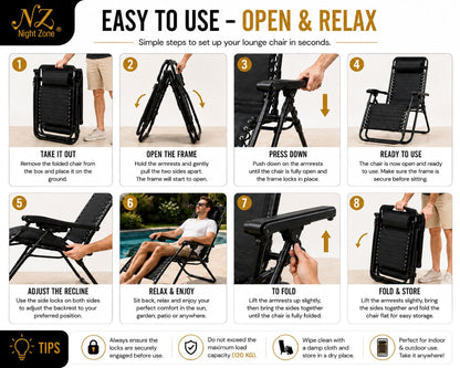 Zero Gravity Sun Lounger Chair – Folding Reclining Garden Chair | Black