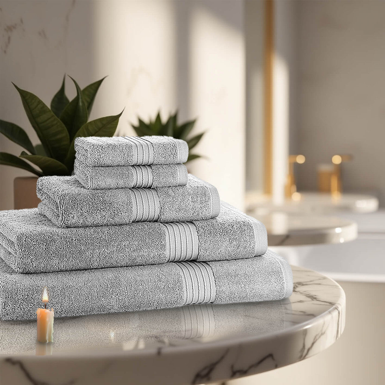 5 Piece 700GSM Royal Egyptian Cotton Towel Bale Set — 2 face cloths 1 hand towel 1 bath towel 1 bath sheet in luxury bathroom