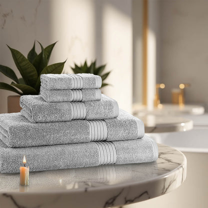 5 Piece 700GSM Royal Egyptian Cotton Towel Bale Set — 2 face cloths 1 hand towel 1 bath towel 1 bath sheet in luxury bathroom