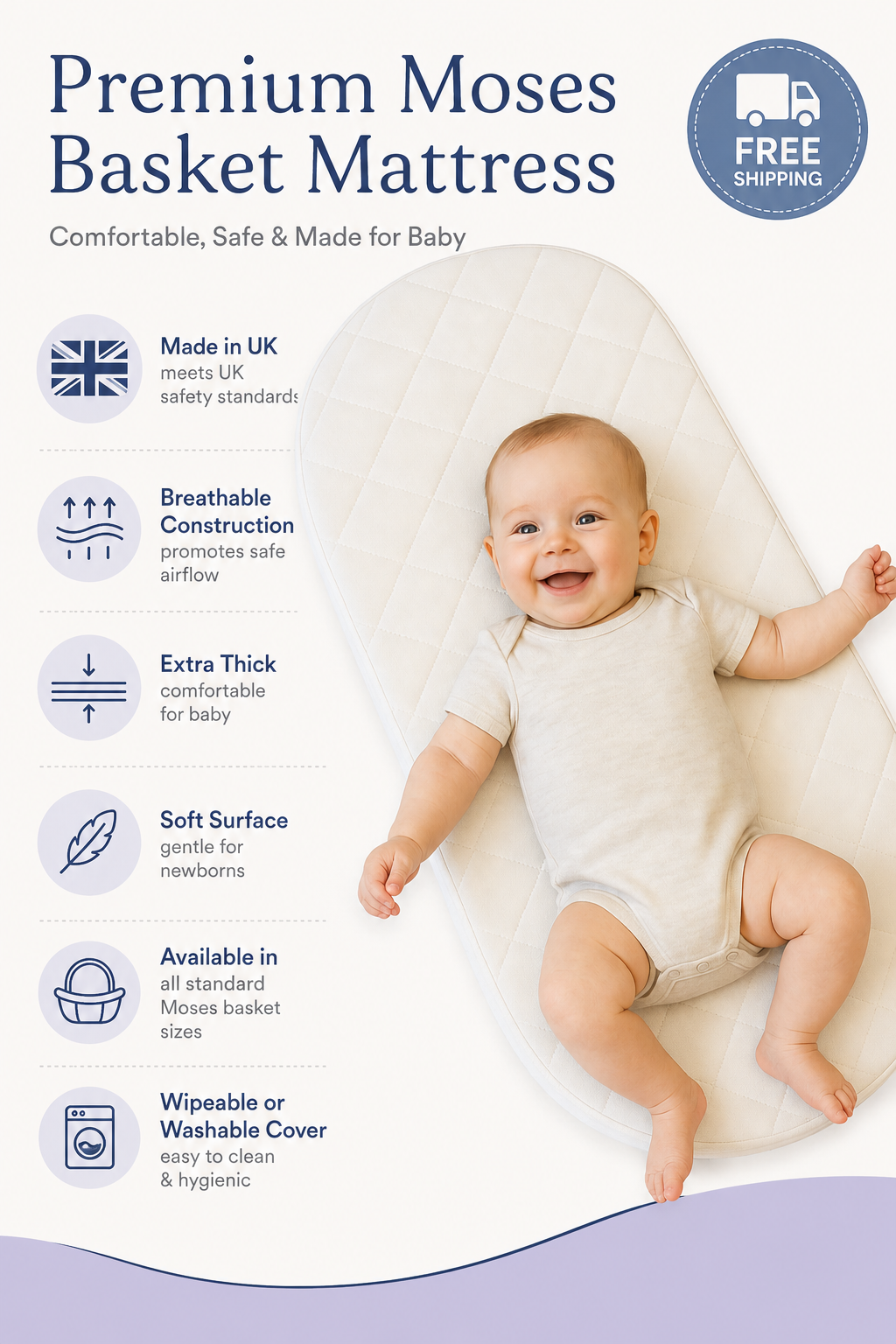 Moses Basket Pram Mattress Extra Thick – Breathable Soft Made in UK All Sizes