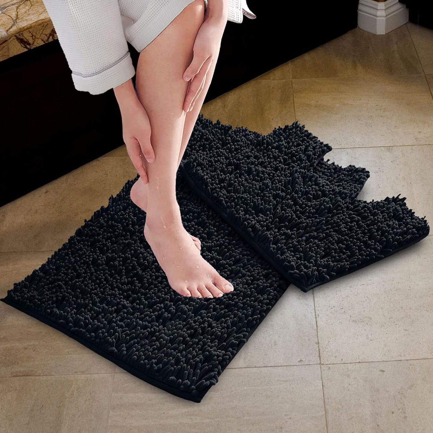 2 Piece Loop Bath Mats for Bathroom - Non Slip Chenille Bath Mat Set Rugs, Extra Soft with Water Absorbent Pedestal Bathmat Shower Toilet Mat