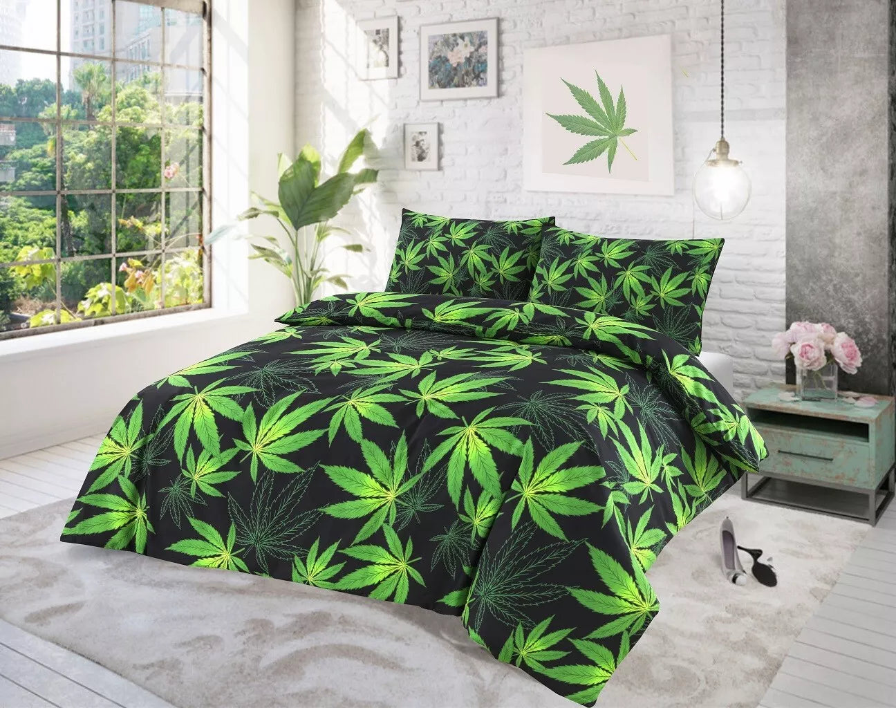 Cannabis Marijuana Leaf Weed Green Print Duvet Cover and Pillowcase Bedding Set