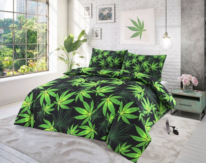 Cannabis Marijuana Leaf Weed Green Print Duvet Cover and Pillowcase Bedding Set